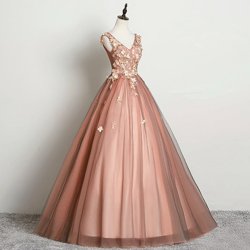 Pretty V-neckline Tulle Ball Gown Pink Sweet 16 Dress, Ball Gown Lace Applique Quinceanera Dresses